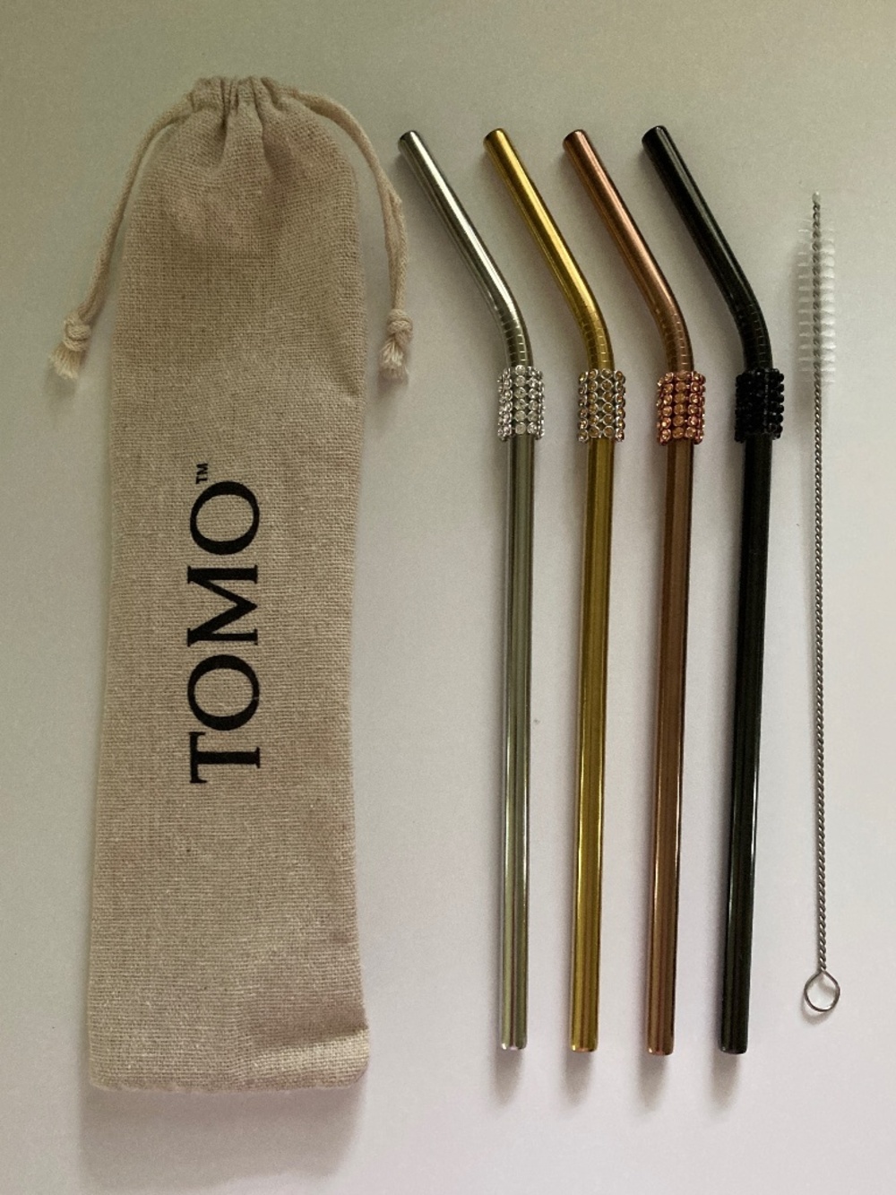 TOMO Multi-Color Stainless Steel Four Glam Straw Set/Cleaning Brush & Bag/NEW!